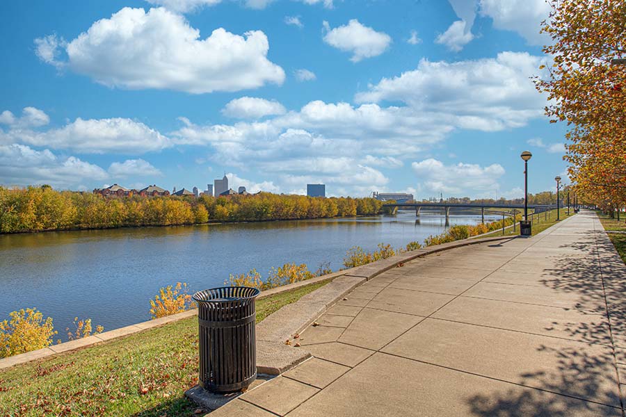 View of a river during the fall season the from Riverview Apartments