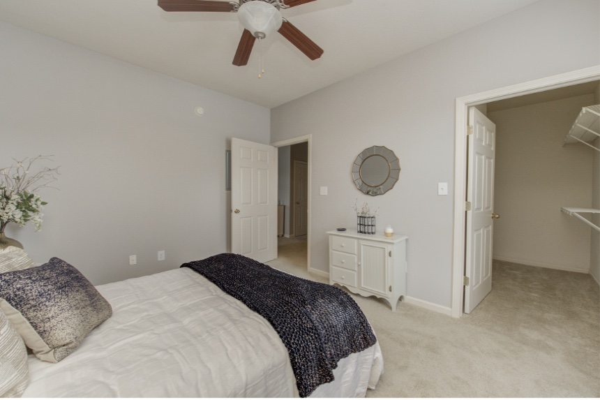 Model bedroom in a Fishers apartment.