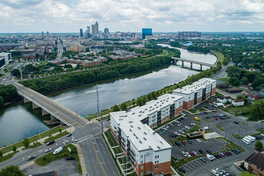 Riverview apartments aerial shot.